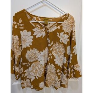 Wrangler Yellow Floral Print Blouse Crisscross V-neckline Trumpet sleeves Size M